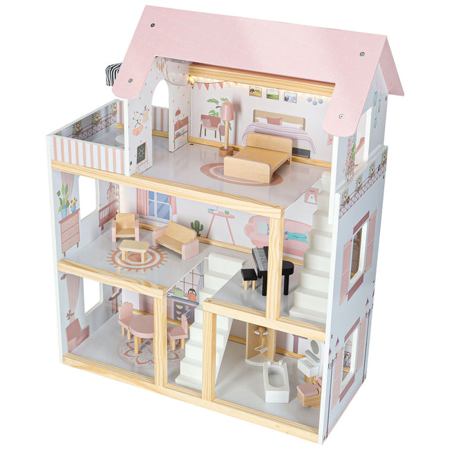 Casa de păpuși din lemn cu 3 etaje, mobilier complet, lumini LED și terasă, 78 cm, roz pastel – imagine 6
